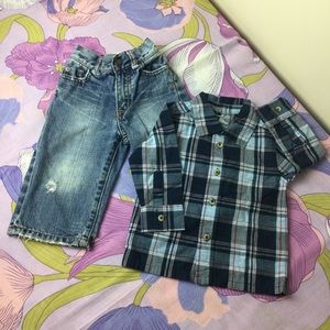 NWOT 1989 Place 2 Pc Set  Distressed Denim & Plaid Shirt Toddler